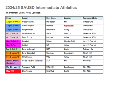 2024/25 Tournament Schedule